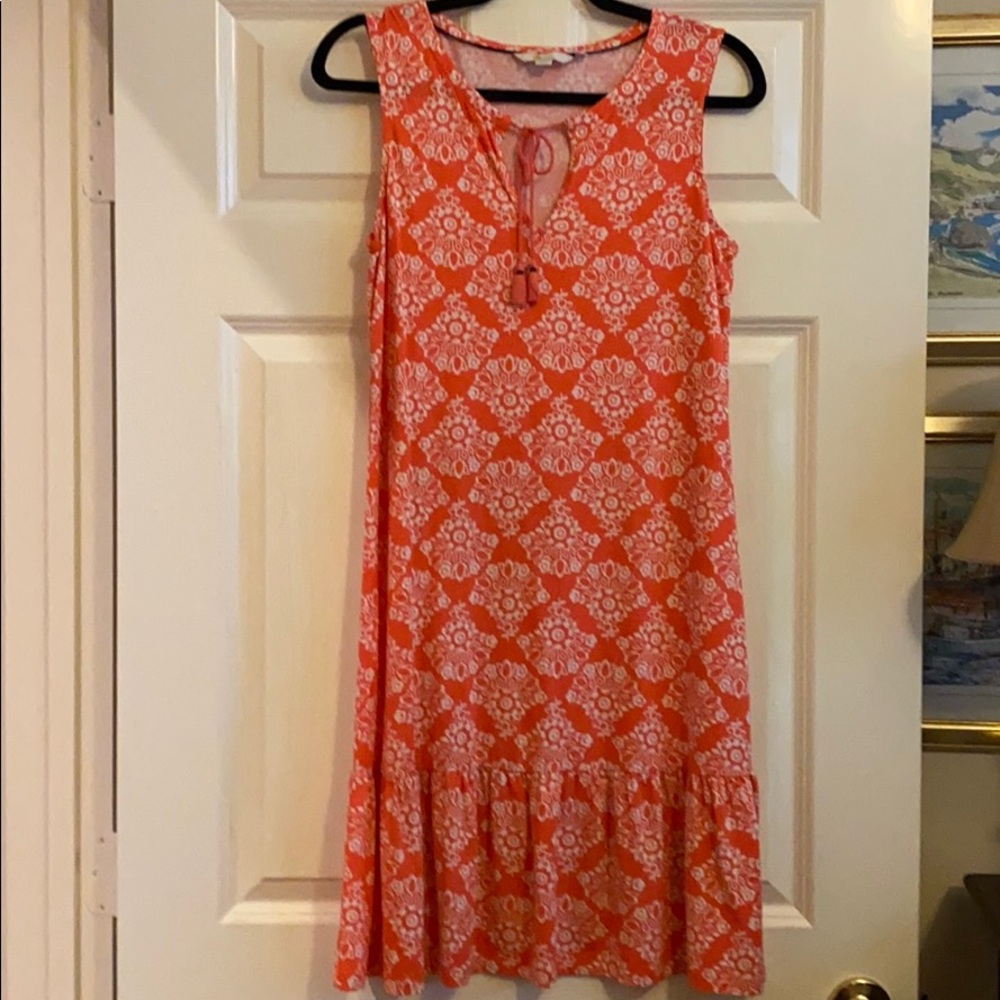 Fun print Boden dress in coral and white.